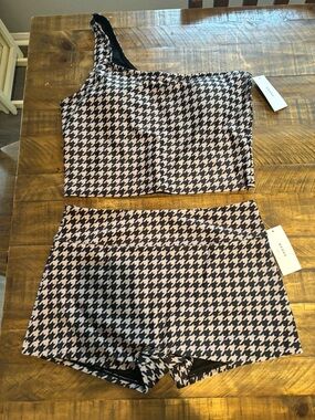 Geode Swimwear Houndstooth One-Shoulder Bikini Set - Black & Taupe